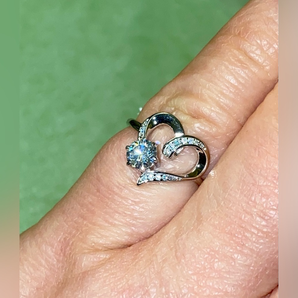 Sterling Silver Heart Ring with Clear Moissanites and certificate